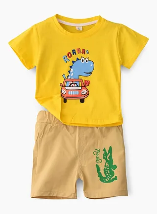 Dino Printed T-Shirt With Shorts Set Yellow/Beige 