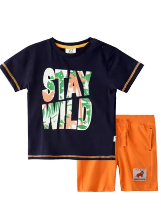 Baby Boys 2 piece Set - T-Shirts & Shorts - Navy Blue and Orange (100% Cotton)- VJ 