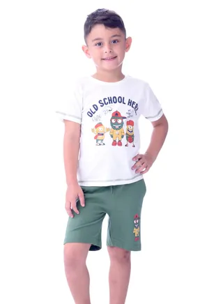 Kids Boys 2-piece Set - T-shirt & Shorts-Ivory and Green 