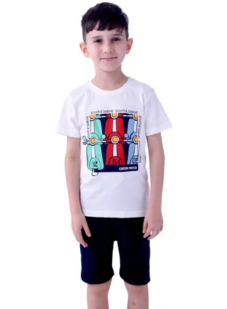 Kids Boys 2 piece Set - T-Shirts & Shorts -Off-White and Navy (100% Cotton) 