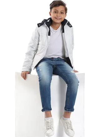 Quilted Pattern Double Face Waterproof Boys Jacket _ White & Navy Blue 