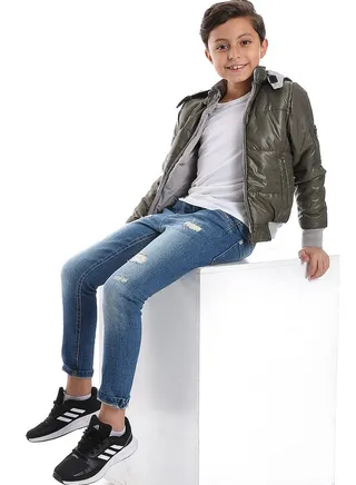 Zipper Closure Double Face Printed & Waterproof Boys Jacket _ Olive Green & Light Grey 