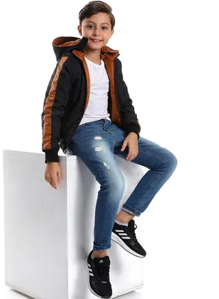 Zipper Closure Double Face Printed & Waterproof Boys Jacket _ Cramel Brown & Black 
