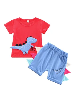 Little Dino Feature T-Shirt And Shorts Set Red/Blue/Black 