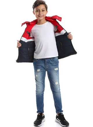 Zipper Closure Double Face Waterproof Boys Jacket _ Navy Blue, Red & White 