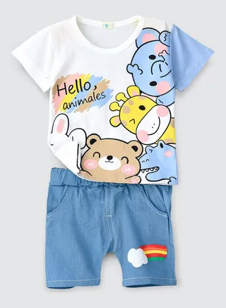 Cute Animals Printed T-Shirt And Shorts Set Multicolour 