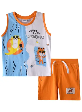 Baby Boys 2 piece Set - Sleeveless T-Shirt(Vest) & Shorts - Off-While and Orange (100% Cotton)- VJ 