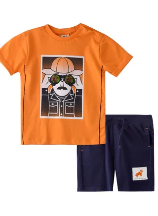 Baby Boys 2 piece Set - T-Shirts & Shorts - Orange and Navy Blue (100% Cotton)- VJ 