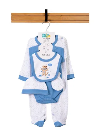 Babiesbasic 5 piece unisex 100% cotton Gift Set include Bib, Romper, Mittens, cap and Sleepsuit/Jumpsuit- Stay Healthly 