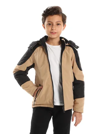 Bi-Toned With Detachable Hood Jacket - Beige & Black 
