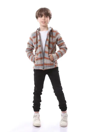 Boys Front Zipper Burnt Tartan Jacket 
