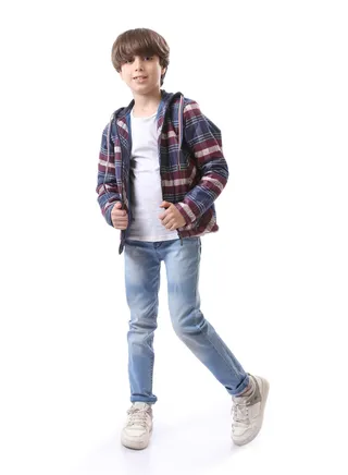Hooded Plaid Boys Jacket With Side Pockets - Blue, Red & White 