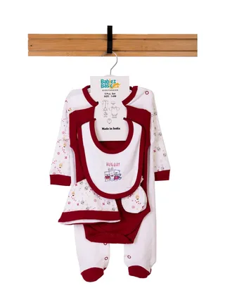 Babiesbasic 5 piece unisex 100% cotton Gift Set include Bib, Romper, Mittens, cap and Sleepsuit/Jumpsuit- Hug Day 