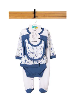 Babiesbasic 5 piece unisex 100% cotton Gift Set include Bib, Romper, Mittens, cap and Sleepsuit/Jumpsuit- Be Happy 