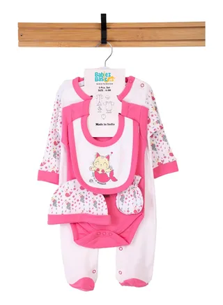 Babiesbasic 5 piece unisex 100% cotton Gift Set include Bib, Romper, Mittens, cap and Sleepsuit/Jumpsuit- Meowmaid 