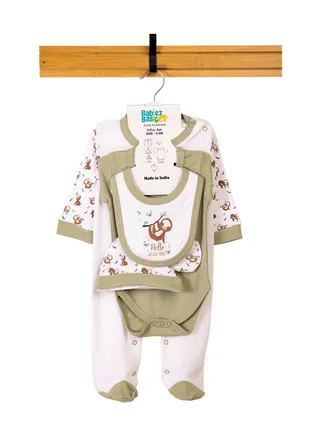 Babiesbasic 5 piece unisex 100% cotton Gift Set include Bib, Romper, Mittens, cap and Sleepsuit/Jumpsuit- Hello Little One 