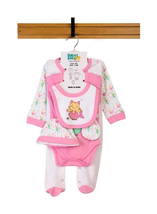 Babiesbasic 5 piece unisex 100% cotton Gift Set include Bib, Romper, Mittens, cap and Sleepsuit/Jumpsuit- Meowmaid 