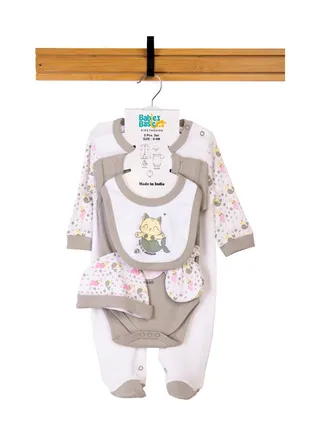 Babiesbasic 5 piece unisex 100% cotton Gift Set include Bib, Romper, Mittens, cap and Sleepsuit/Jumpsuit- Meowmaid 