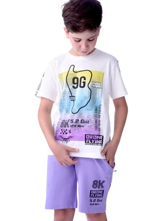 Senior Boys (Youth/Teens) 2 piece set T-Shirt & Shorts (8-14 Years)- Off-white and Lilac 100 % percent Cotton- victor and jane 
