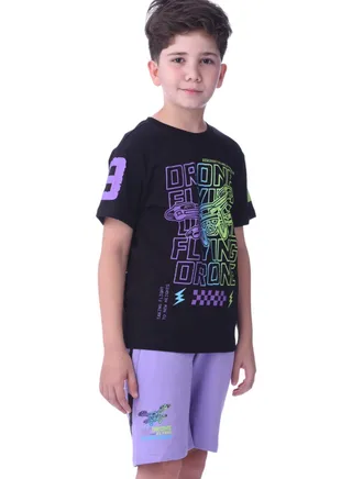 Senior Boys (Youth/Teens) 2 piece set T-Shirt & Shorts (8-14 Years)- Black and Lilac- 100 % percent Cotton- victor and jane 