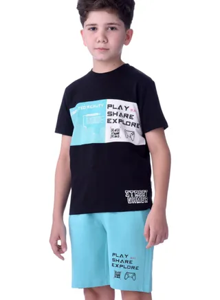 Senior Boys (Youth/Teens) 2 piece set T-Shirt & Shorts (8-14 Years)- Black and Green- 100 % percent Cotton- victor and jane 