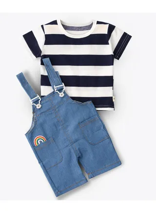 Striped T-Shirt And Denim Dungaree Set Multicolour 