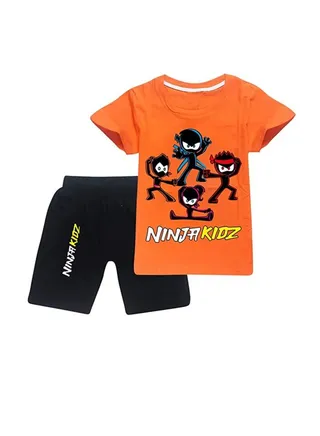 Ninja Kids Cartoon Unisex Summer Short Sleeve Orange T-Shirt Black Shorts Set 