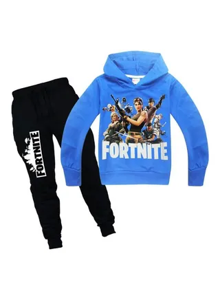 2-Piece Fortnite Printed Hooded Jacket And Pant Set Blue/Black 