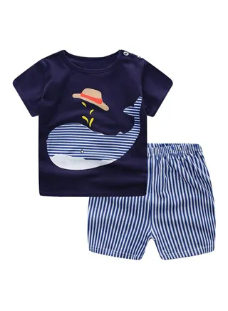 2 Pack Printed T-Shirt And Shorts Blue/White 