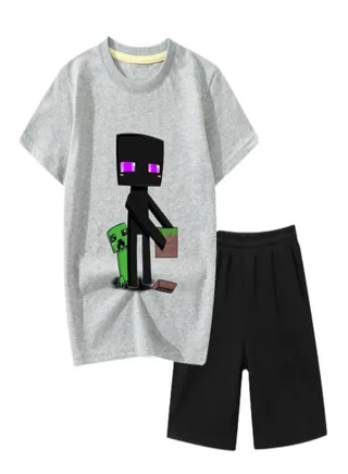 Minecraft Set Printed T-shirt Short For Kids Grey 