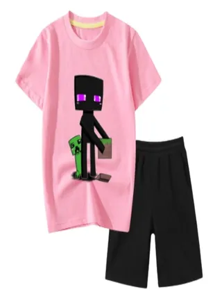 Minecraft Set Printed T-shirt Short For Kids Pink 