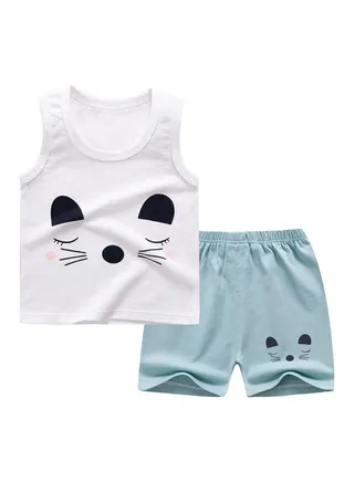2-Piece Printed Vest And Shorts Set White/Light Green 