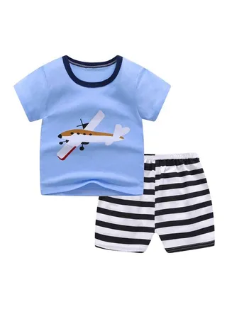 Aeroplane Printed T-Shirt And Shorts Set Blue/Black/White 
