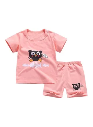 2-Piece Printed T-Shirt And Shorts Set Pink/Black/White 