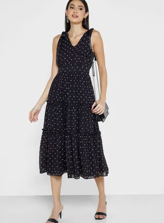 Printed V-Neck Ruffle Detail Dress 