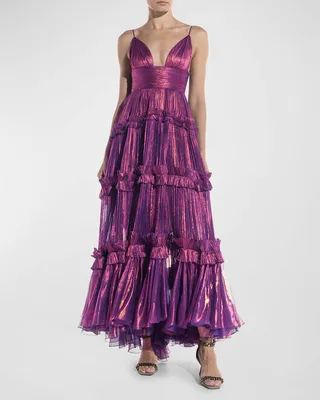 Elaine Plunging Metallic Plisse Tiered Gown