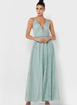 Plunge Neck Strappy Mesh Detail Embroidered Dress