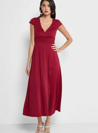 Plunge Neck Dress With Slit 