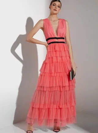 Plunge Front Tulle Layered Maxi Dress 