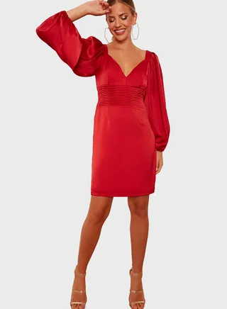 Plunge Neck Balloon Sleeve Dress 