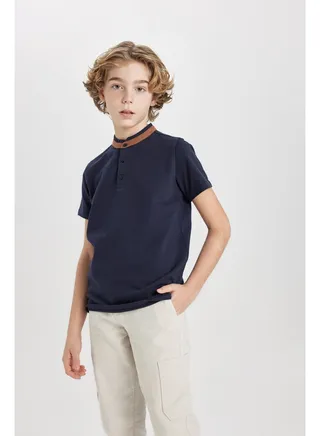 Boy Regular Fit Stand- Up Collar Knitted Short Sleeve Polo T-Shirt 