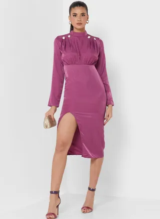 Shoulder Detail Slit Dress 