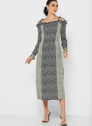Mix Print Cold Shoulder Midaxi Dress 