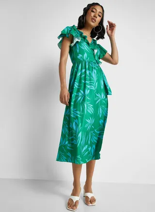 Ruffle Sleeve Wrao Midi Dress 
