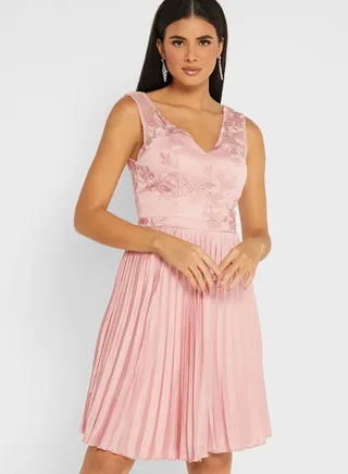 Plunge Neck Plisse Dress 