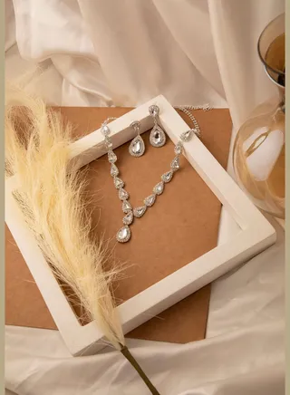 Silver Plated Designer Stone Necklace and Earring Set