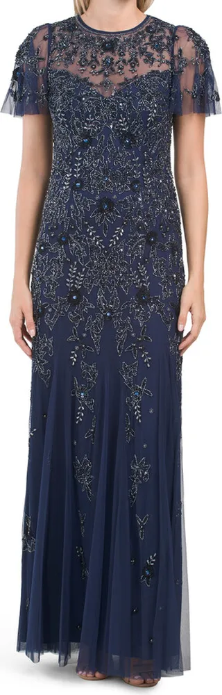 Flutter Sleeve Hand Beaded Gown