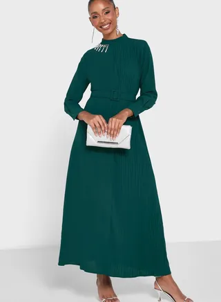 Embellished Detail Belted Dress