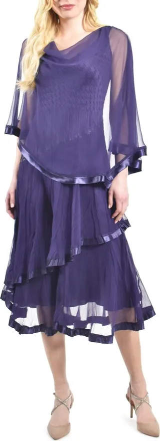 Chiffon Capelet Charmeuse Midi Dress
