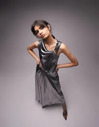 Topshop asymmetric metallic cut out midi dress in silver